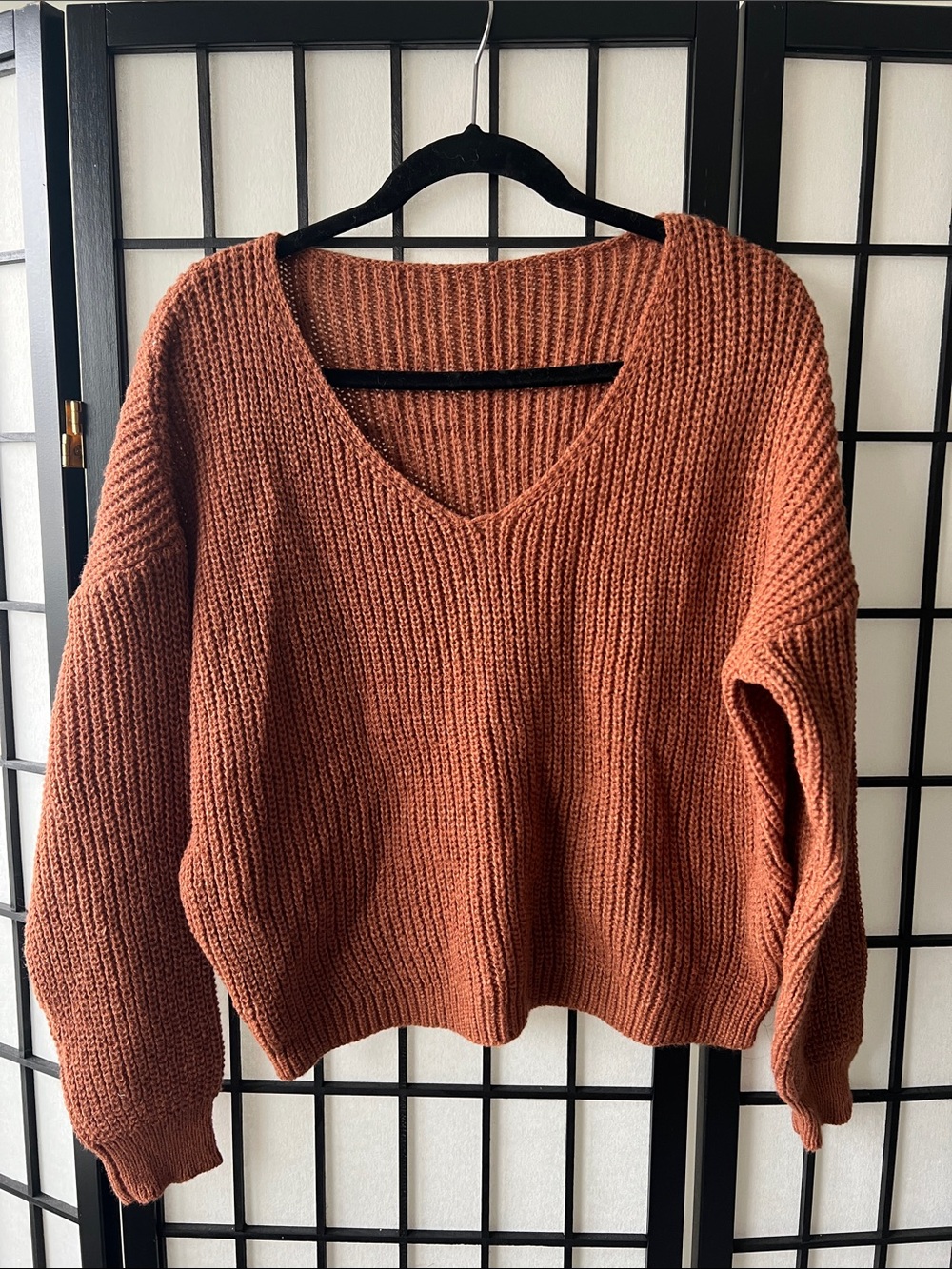 V-Neck Chunky Knit Sweater - Rust